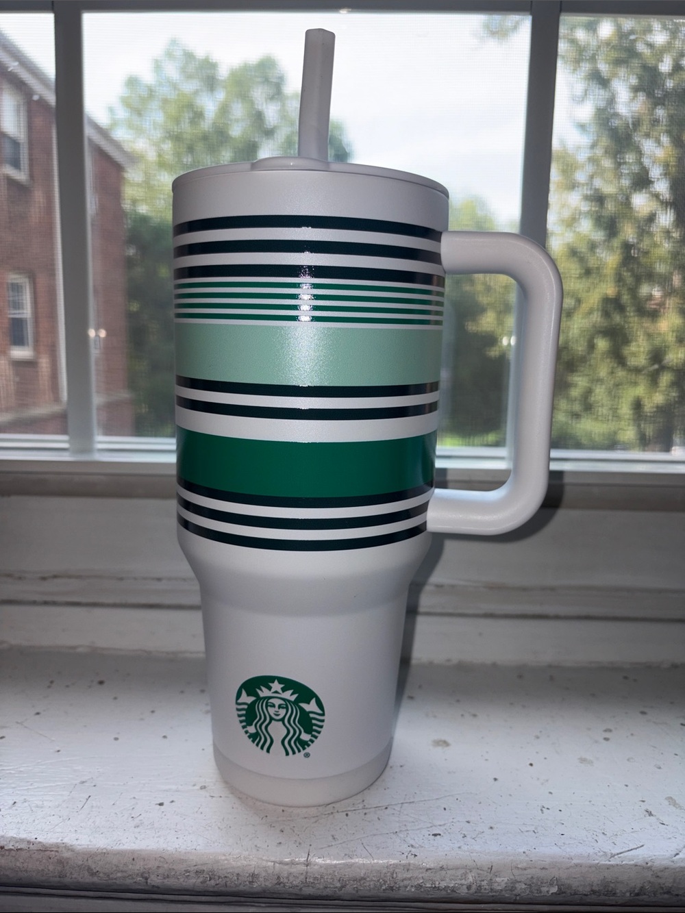 40oz Starbucks White Tumbler with Green Striped Accents and Handle